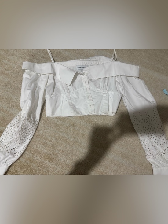 Self-Portrait Tops - Self-Portrait White Off-Shoulder Eyelet Sleeve Crop Top